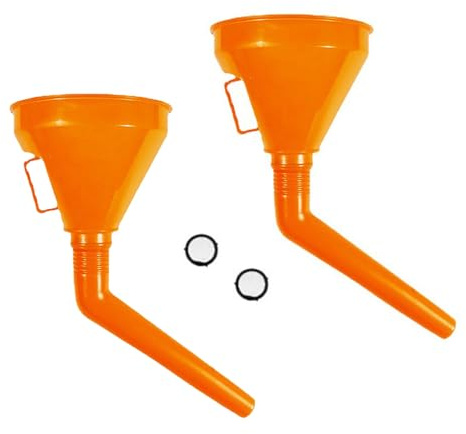 Juego de embudos de llenado, 2 embudos con manguera y colador, 1,2 litros, embudo universal para cambio de aceite, gasolina, coche, taller y hogar, plástico (naranja)