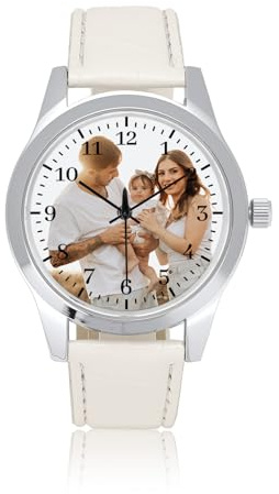 JSDDE Personalisiert Armbanduhr mit Foto und Text Gravur Lederarmband Analog Quarzuhr Klassische Damenuhr Herrenuhr Personalisiertes Geschenk für Damen Herren