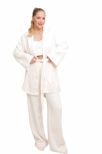 Mirenelle Damen Lounge Set mit Angora – 3-teiliges Cozy Set mit Cardigan, Top & Hose – Weich, Warm & Stylisch – Perfekt für Zuhause & Unterwegs – Puderosa & Beige (Set Weiß – Kurzer Cardigan, S-M)