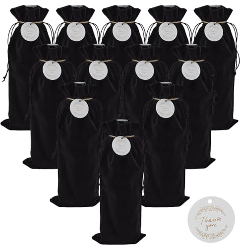 ORIGACH 12 Stück Flanell Weinbeutel Und Geschenkanhänger Schwarze Weinflaschen Geschenktüten Mit Kordelzug Für Blindverkostungen Partys Geburtstage Hochzeiten Und Festivals, 15×35cm