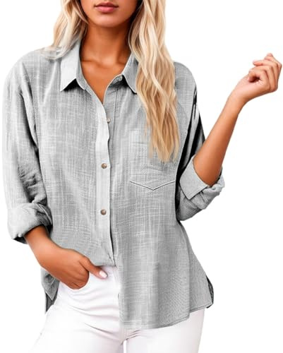 Chemise Blanche Femme Chemisier Chic Et Élégant Chemises T-Shirts De Randonnée Ete Coton Grande Taille Manche Longue Chemisiers Blouses Elegant Courte Femmes Haut Printemps en Lin Blouse,Gris,L