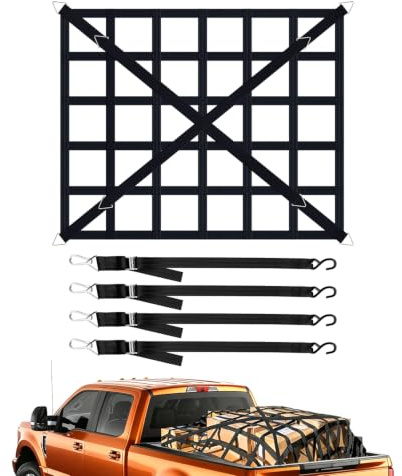 CangZofan Filet à bagages pour pick-up, camion, surface de chargement réglable, filet de remorque, résistant à la déchirure, filet de fret réglable pour pickup, camion, remorque, avec 4 sangles fixes
