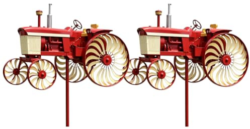 CLBDRESS Moulins à Vent d'Extérieur, Moulin à Vent Tracteur Rouge avec Roues Rotatives, Sculpture de Jardin Unique pour Patio, Jardin, Cadeau pour Amis, Famille
