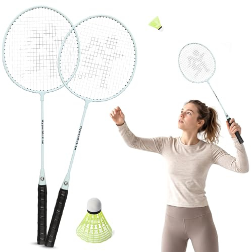 HyperMotion Badmintonset för 2 personer – 2 stålracketar och flygblad, lätt set för trädgård, park och strand