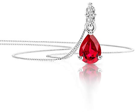 Orovi Schmuck Damen 0.06 Ct Diamant Halskette mit Tropfen Anhänger Edelstein/Geburtsstein Rubin in rot und Brillanten Kette aus Weißgold 9 Karat / 375 Gold, länge 45 cm
