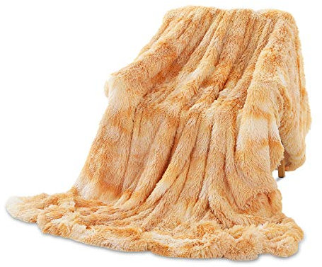 Galatée Regenbogen Doppelseitige Kuscheldecke,160 * 200cm Hohe Qualität Farbdesign Flauschige Wohndecke,Weich Warm Microfaser Kunstfell Fleecedecke Sofadecke Bettdecke Wohnzimmer Couch Wohndecke Gelb