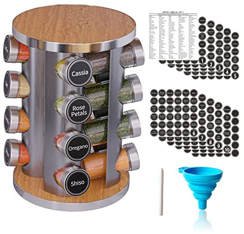 New England Stories Juego de estante giratorio para especias con 16 tarros de especias, organizador de torre de especias de cocina para encimera o gabinete, almacenamiento de carrusel incluye 386