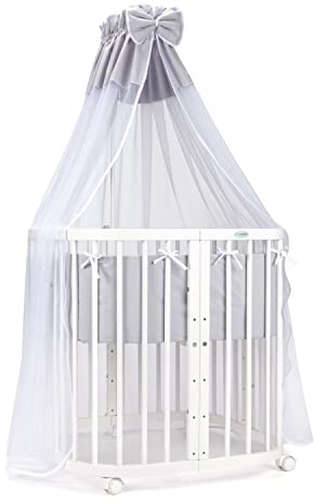waldin Babybett 7in1, Matratze, Rollen, Regal, Weiß | Stoff Grau, Mitwachsend, Beistellbett aus Holz, Wiege optional