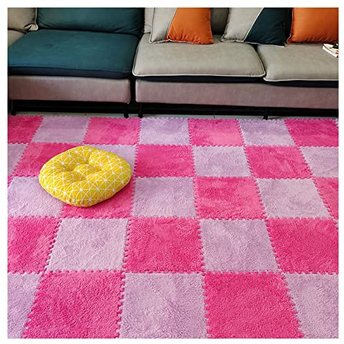 12 Stück Ineinandergreifende Teppichfliesen, Weiche, Zottelige Plüsch-Schaumstoffmatten, Flauschige Teppiche, rutschfeste Spielmatte Für Wohnzimmer, Schlafzimmer, 30 X 30 cm(Color:Lila+Rose red)