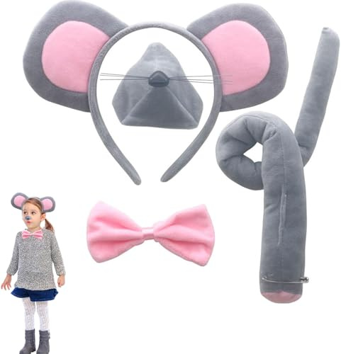 Mystiqut Set of 4 cute mouse costumes with mouse headband, bow tie, nose and tail, mouse ears, headband, rat, gray mouse ears and tail, mini gray mouse ears