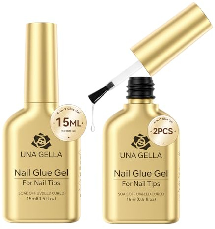 UNA GELLA 6 in 1 Gel Nail Glue for Clear Acrylic Nails Tips, 2Pcs 15ml Super Strong Brush UV Nail Glue Long Lasting Lamp Curing Required for Fake Nails Tips