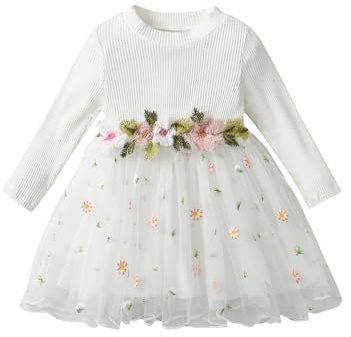 Tearfuty Baby Girl Clothes Dress Long Sleeve Mesh Tulle Dress White
