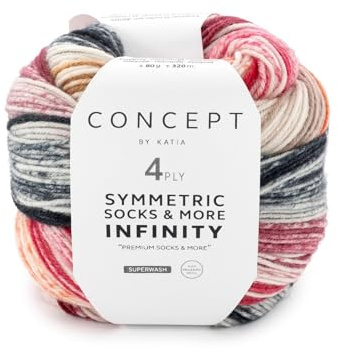 Katia Concept Symmetric Socks & More Infinity 4 styck, strumpull med färggradient, 4-faldigt, strumpgarn 4-tråds, 75 % ull (merino mulesingfri), 25 % polyamid (90)