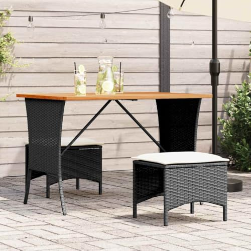 Teenpull 3-TLG. Garten-Essgruppe, Schwarz Poly Rattan, Akazienholz Tischplatte, UV-beständig, mit Kissen, für Terrasse, Balkon, Essbereich, Entspannung im Freien