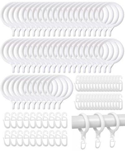 50 Stück Vorhangringe Gardinen Ringe with 50 Gardinenhaken, Kunststoff Vorhang Hängend Ringe Set für Fenster Tür Duschvorhänge Gardinenstangen (40mm Innendurchmesser, Weiß)