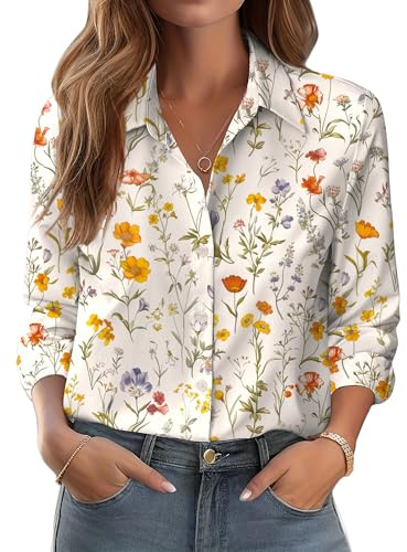 Zeagoo Womens Shirts Long Sleeve Floral Blouses Button Down Stretch Fit | Wrinkle-Resistant | Figure-Flattering | Smart Casual | Floral & Solid