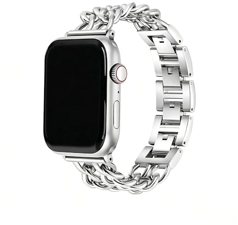 Klockarmband kompatibelt med Apple Watch 38/40/41/42/44/45/46/49 mm, dubbel kedja rostfritt stål justerbart metallband för kvinnor män, iWatch serie 1-11 SE Ultra, 38MM/40MM/41MM/(Series10&11-42MM