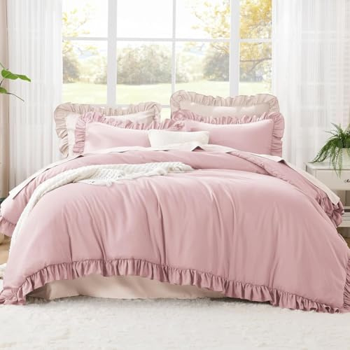 AShanlan Bettwäsche Rüschen 135x200 Rosa Romantisch Bettwäsche-Sets 2teilig | Bettbezug 135x200 mit Kissenbezug 80x80 cm, 100% Weich Mikrofaser, ÖKO-TEX, Reißverschluss