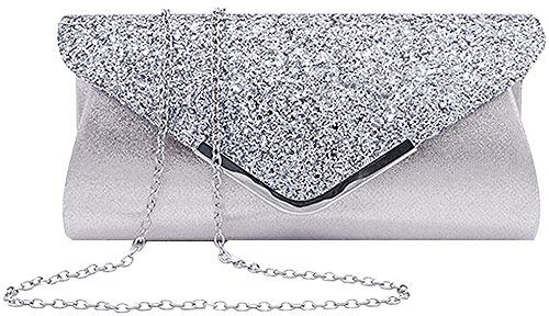MEGAUK Damen Clutch Glitzer Elegant Abendtasche Glänzend Handtasche Envelope Tasche Strass Unterarmtasche mit Kette für Hochzeit Wedding Prom Party (Bling Silber)