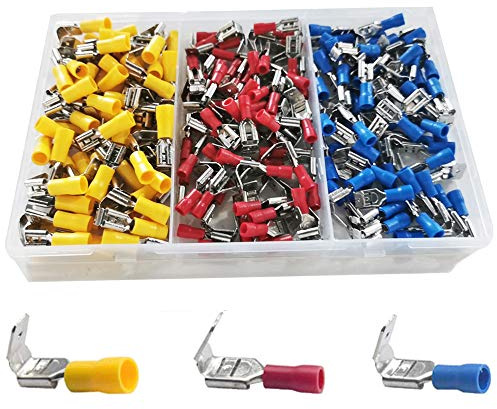 GTIWUNG 180 Stück Halbisoliert Huckepack Splice Spade Elektrische Draht Crimpverbinder Steckverbinder, Flachsteckhülsen mit Abzweig,Flachstecker Verteiler,Elektrische Anschlüsse, Rot/Gelb/Blau