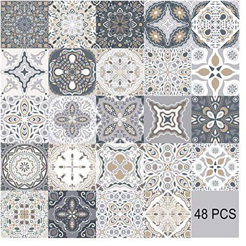 HORIWE Tile Stickers Grey Moroccan Self Adhesive Vintage Home Decor 48pcs