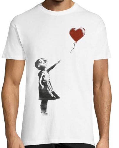 KMF T-SHIRT | Camiseta Hombre, algodón 150g | Manga Corta, Cuello Redondo, Outfit Moderno, Suave y Resistente, para Uso Diario | Diseño Estilo Banksy, Niña con Globo (Blanco, S)