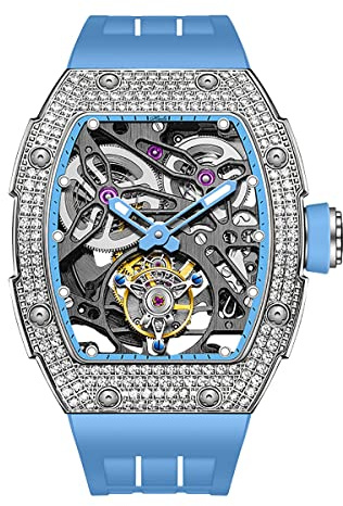 Haofa Tourbillon klocka Lyx Tonneau diamanthus skelett automatisk mekanisk klocka safir vattentät självuppdragning herrklocka 1901-1S, blå