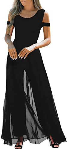 RMBLYfeiye Jumpsuit Damen Lang Rundhals Schulterfrei Elegant für Hochzeit Hohe Taille Mesh Cover Mit Geradem Bein Hosenanzug Business Festlich