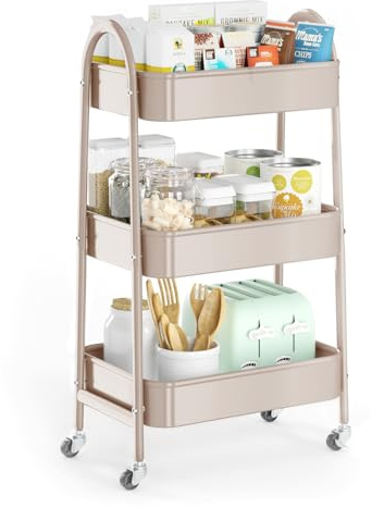 EAGMAK 3 Tier Utility Rolling Cart, Metal Storage Cart with Handle and Lockable Wheels, Multifunctional Storage Organizer Trolley with Mesh Baskets for Kitchen, Living Room, Office, Garage (Beige)