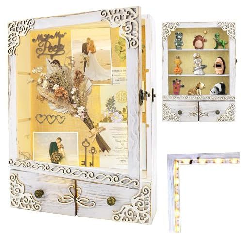 KWYADLUO Caja de sombra blanca grande con luz, caja de sombra profunda con estantes y cajón, marco de caja de sombra con ranura de acrílico de carga superior, caja de memoria de madera para fotos,