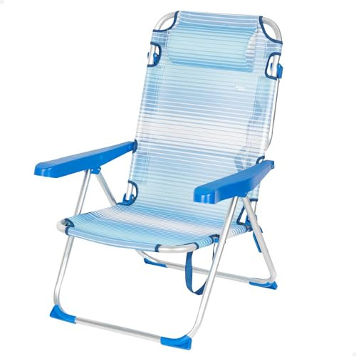 AKTIVE Chaise de Plage Pliante, 5 Positions, Rayures Bleues, 48X60X90 cm, Coussin Rembourré Inclus, Bandoulière, Supporte 110 kg, Anti-Bascule, Multi-Positions, Dossier Inclinable