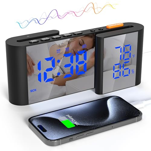 Lancoon Radio Sveglia Digitale Orologio LED a Specchio 6'' con Temperatura e Umidità Doppia Impostazione Della Sveglia Volume Regolabile a 15 Livelli Nero-blu