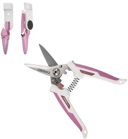 CEERAYZ 185mm Tijeras Multiusos, Tijeras podar, Tijeras Versátiles para proyectos de bricolaje, oficina, líneas de producción y poda, con funda protectora y soporte magnético (Blanco/Rosa)