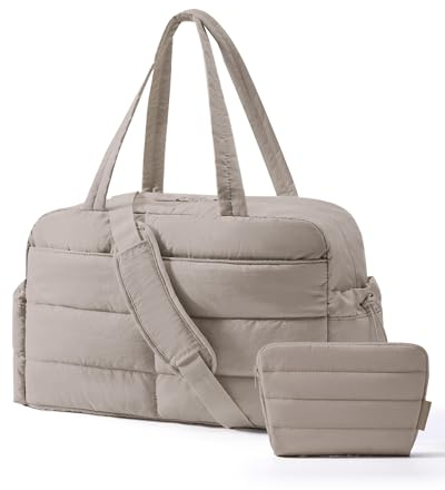 bagsmart 31L Puffer Tote Gym Bag for Women, Weekender Overnight Organiser Personal Item Carry On Bag with Laptop Compartment, Travel Duffer & Trolley Sleeves - Khaki