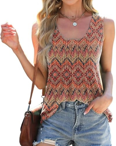 Sukiglam Débardeur Femme sans Manche Imprimé Col en U Femme Ete Haut Chic et Elegant Chemisiers Casual Loose Fit Tank Tops Plissé Tunique T Shirt Long Blouse