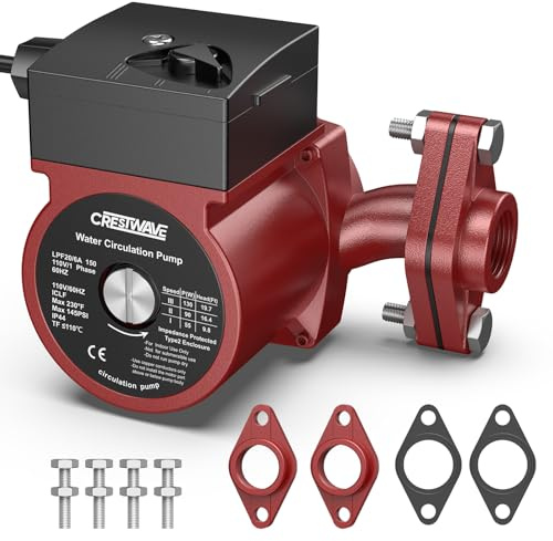 CrestWave 110V 130W 13 GPM Circulation Pump, 3 Speed Switchable Hot Water Recirculating Pump,Circulator Pump for Water Heater with 1 FNPT Flanges & Kit, for Boiler, Solar, Hydronic Heating Use, Red