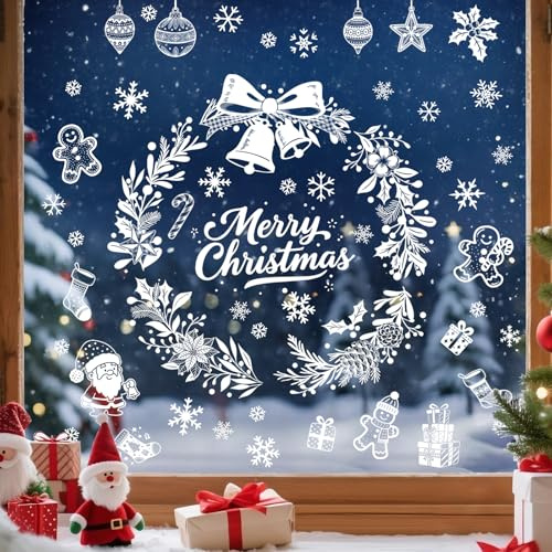 Tanlaby 9 Fogli Adesivi Natalizi per Finestre Vetrofanie Ghirlanda Babbo Natale Fiocchi di Neve Decorazioni Natalizie per Vetrine Finestra Porte in Vetro | Decalcomanie statiche per finestre di Babbo Natale con fiocco di neve per porte in vetro, decorazioni natalizie