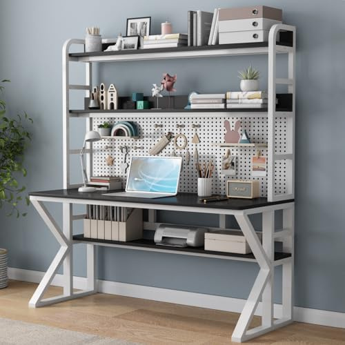 Scrivania moderna per computer con ripiani portaoggetti e pannello forato, grande tavolo da lavoro in legno massello (88,9 x 175,3 x 59,9 cm (larghezza x altezza x profondità), elegante design bianco