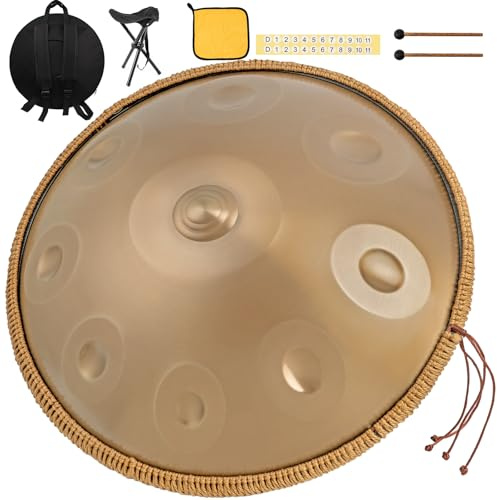 Strumento Handpan 440 Hz Re Minore 22 Pollici Tamburo in Acciaio Handpan Tamburo a Mano 9 Note 10 Note 12 Note Guarigione Sonora Per Principianti (Oro, 9Y)