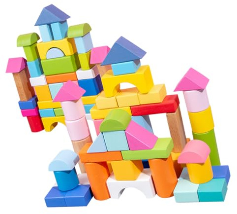 TOBBOMEY Blocchi di Legno Mattoncini da Costruzione per Costruzioni Geometriche 100 Pezzi Giocattoli Educativi Creativi Set per Sviluppo Abilità Manuali per Bambini Piccoli
