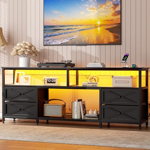 JUSTOGO TV Stand with Drawers for 65 70 75 Inches TV, Entertainment Center | TV Console with Power Outlets & LED Lights, For Living Room, Bedroom, 63 Inch Media Console with 3 Open Storage, Black