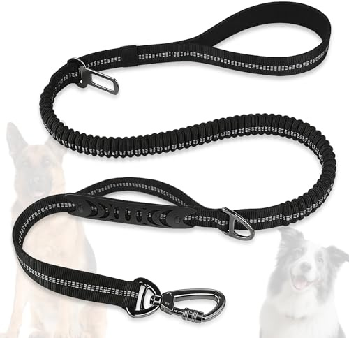 Dog Leash Heavy Duty - 4-6FT Long Leash Strong Shock Tactical Tug Leashes, Dog Seat Belt for Car with 2 Padded Handles, Reflective Rope Lead for Medium L X-Large Dogs Walking Running Training (Black)