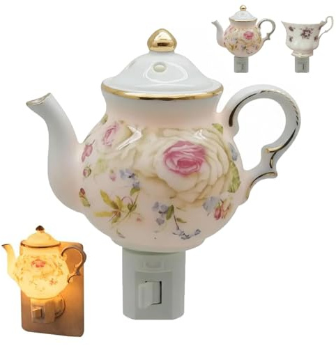 Lámpara de noche vintage con forma de taza de té, lámpara de noche de porcelana floral enchufable para dormitorio, pasillo, baño, brillo ambiental suave y cálido, decoración del hogar estilo cabaña
