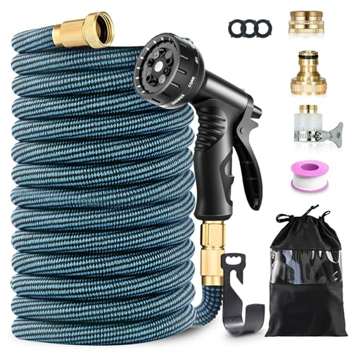 30M/100FT Flexibler Gartenschlauch, Ausziehbare Garten Schlauch mit 10 Funktionsdüse Brause, 3/4 und 1/2 Zoll Metallverbindung, 4 Lagigem Latexkern, 3750D-Gewebe, knickfrei für Garten & Terrasse
