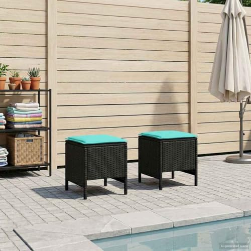 Tonture Garten-Fußhocker 2 Stück Schwarz Türkis 38x38x45 cm Poly-Rattan wetterfester Outdoor Sitzhocker mit abnehmbarem Sitzkissen für Terrasse Balkon Wohnzimmer
