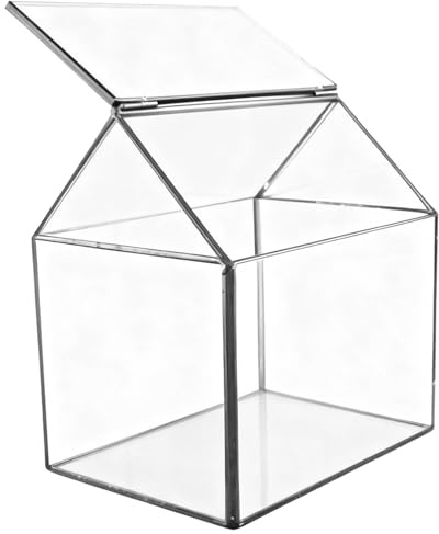 Glass Terrarium, House Shape Tabletop Geometric Display with Support Rod, Black Metal Frame, 6.1 x 4.3 x 6.4 in (15.5 x 11 x 16.3 cm), for Moss, Succulents, Ferns