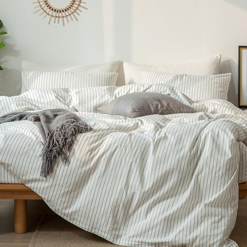 MooMee Striped Duvet Cover Set 100% Washed Cotton Linen Like Textured Breathable Durable Soft Comfy (White Dark Grey Wide Stripes, Queen 90x90)
