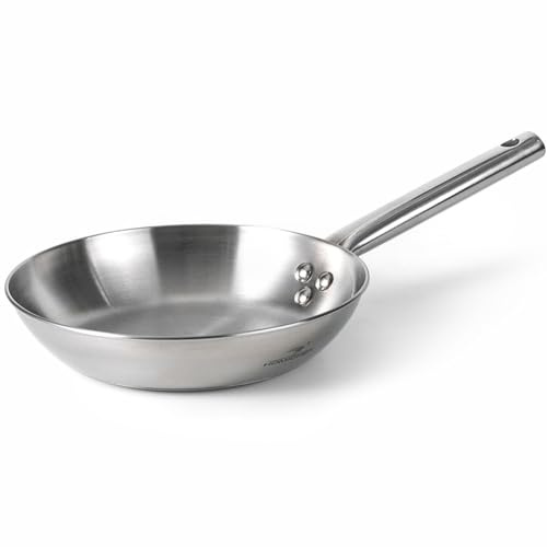 HOMICHEF Sartén de acero inoxidable pulido sin níquel de 8 pulgadas (sin revestimiento tóxico antiadherente) – sartén sartén de fondo plano – sartén de inducción para utensilios de cocina