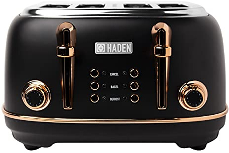 HADEN Heritage 4-Slice Toaster with Extra Wide Slots, 1500-Watt, Black & Copper - Retro Stainless Steel Design with Self-Centering Function, Adjustable Browning Control & Removable Crumb Tray