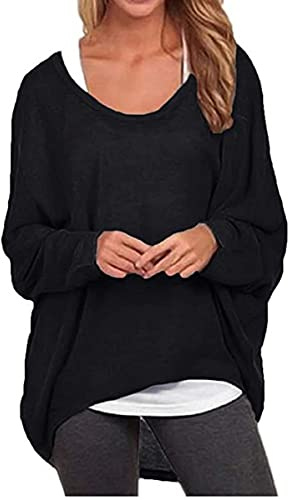 ZIOOER Femme Pull Casual Lâche Automne l'hiver Jumper Irrégulier Manches Chauve-Souris Longues Pull-Over Oversized Shirt G1 Noir 3XL